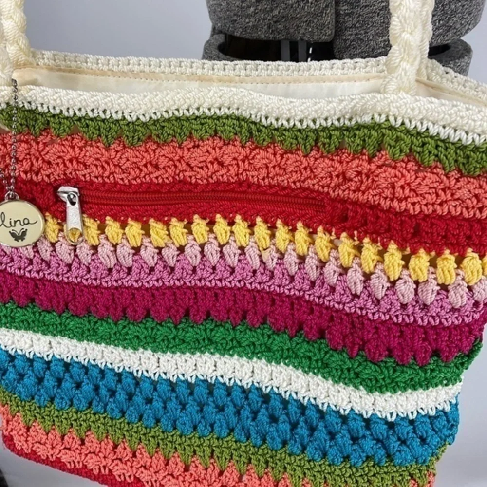 Lina Rainbow colored boho crocheted braided handle shoulder purse